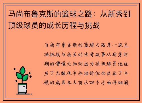 马尚布鲁克斯的篮球之路：从新秀到顶级球员的成长历程与挑战
